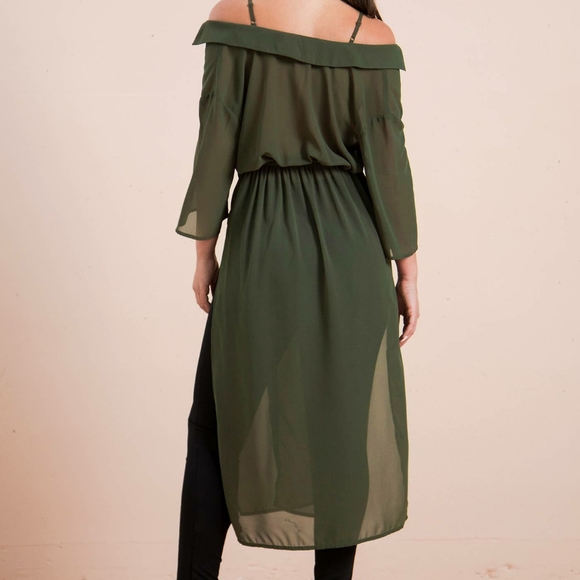 Olive Sheer Cold Shoulder Blouse - Picture 1 of 4
